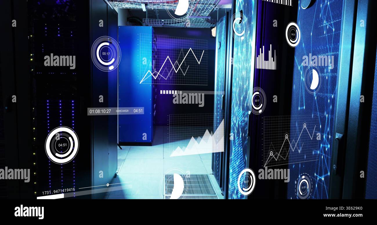 Displaying central server cabinets showing HUD analytics in data center aisle, LEDs, grates Stock Photo