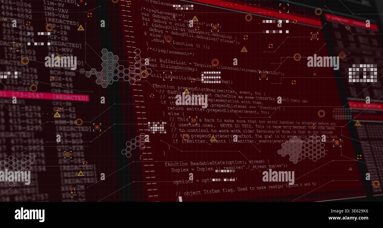 Showing red terminal displaying marked code on security UI, with REDACTED labels and hex Stock Photo