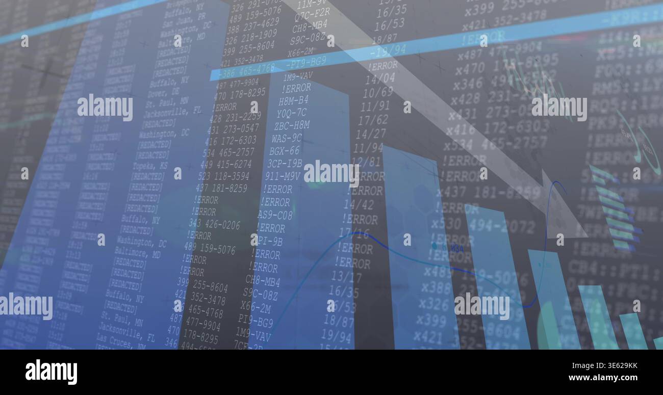 Displaying financial dashboard on-screen, showing vertical bars, downward curved arrow, ERROR codes Stock Photo