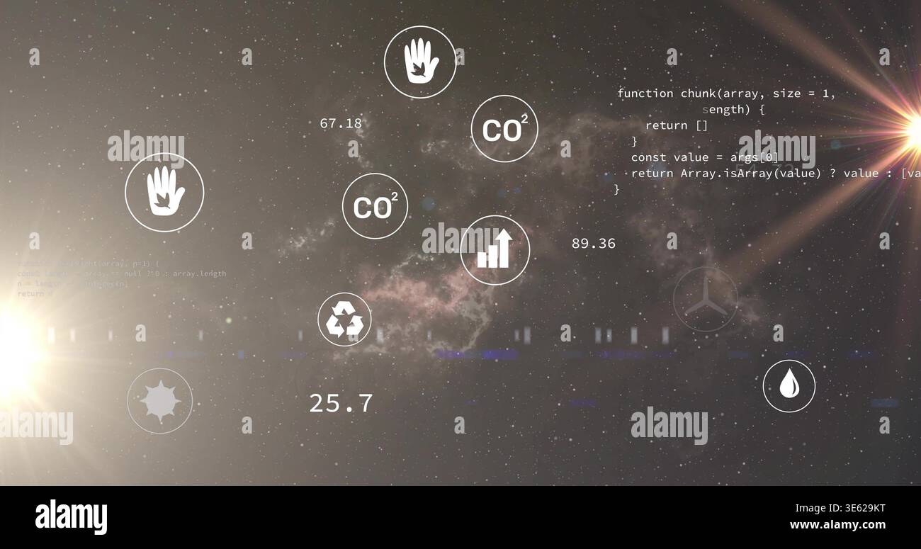 Displaying central HUD icons floating in deep space over nebula showing numeric readouts and code Stock Photo