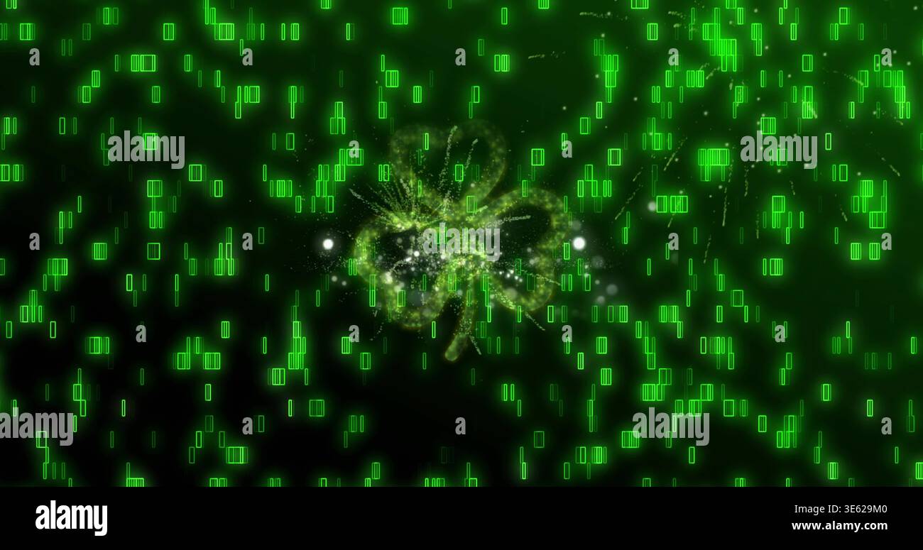 Radiating central particle burst glowing in virtual digital space, with neon glyphs and orbs Stock Photo
