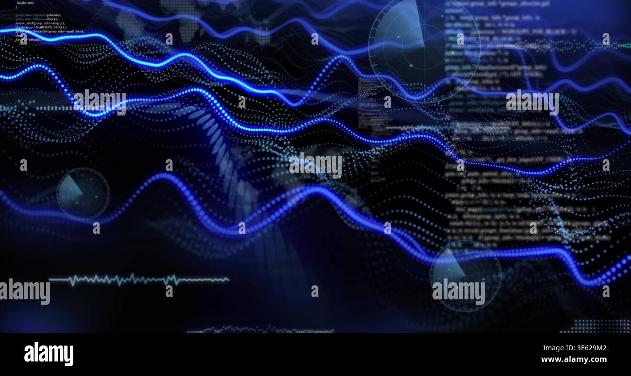 Displaying glowing blue sine waveforms across virtual dashboard, featuring dot mesh, HUD, code Stock Photo