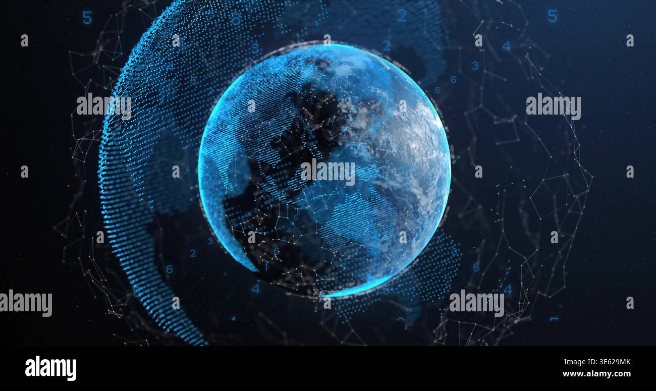 Rotating digital Earth globe pulsing with network nodes in virtual 3D data space, numeric overlays Stock Photo