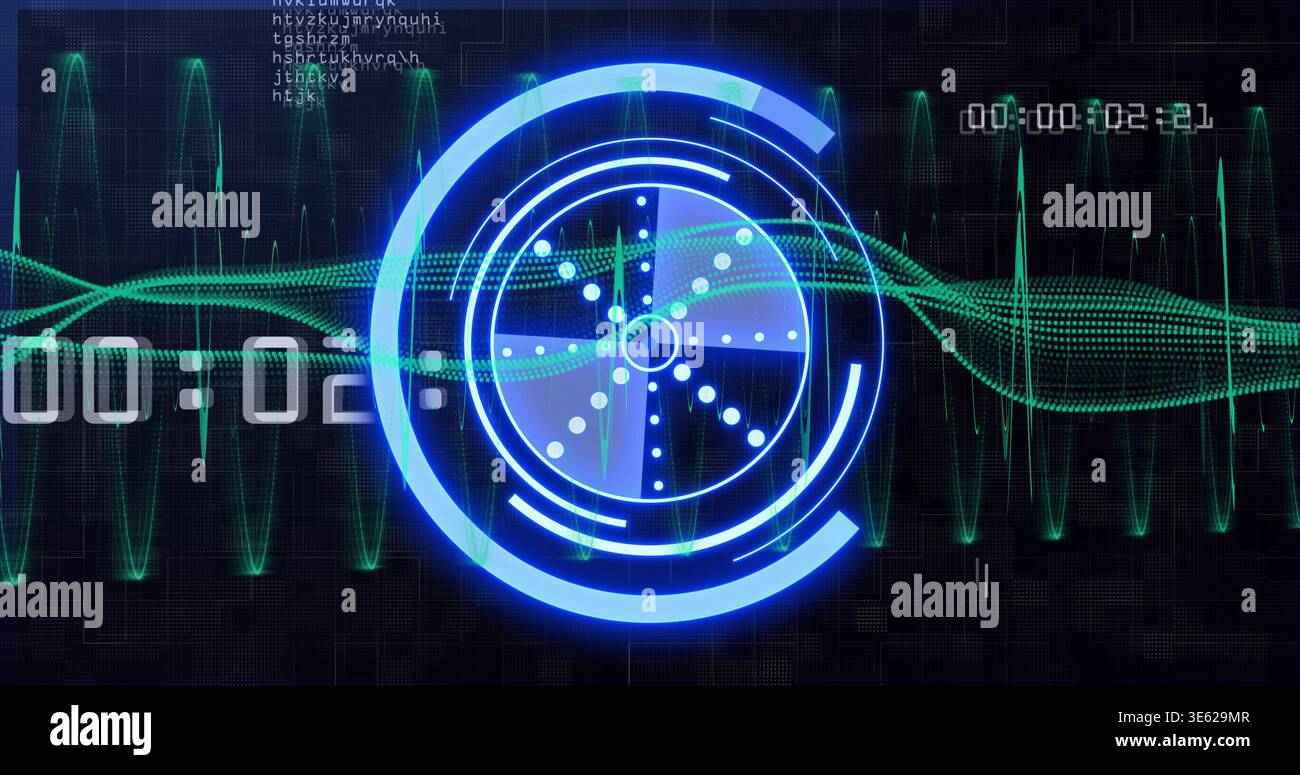 Displaying central neon-blue concentric HUD on virtual control panel, showing green waveform lines Stock Photo