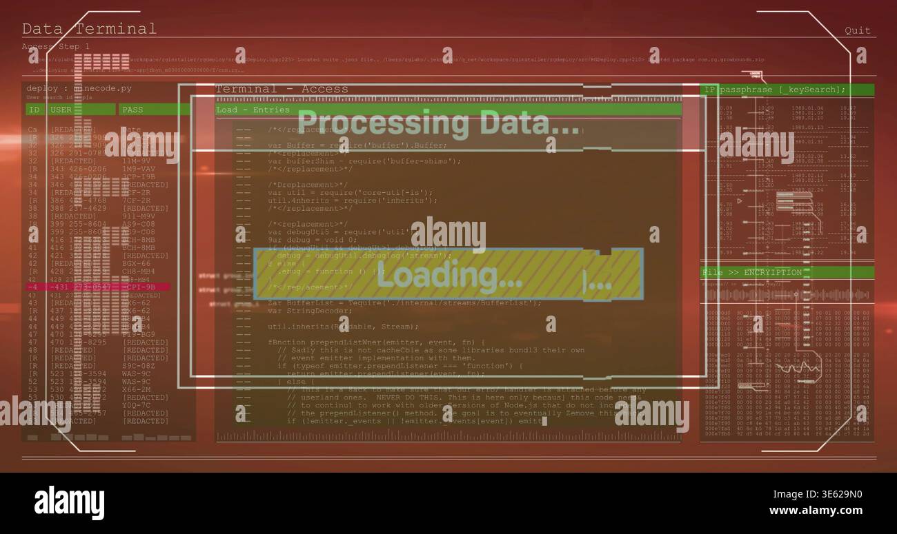 Displaying central translucent modal showing Processing Data and yellow loading bar on dashboard Stock Photo