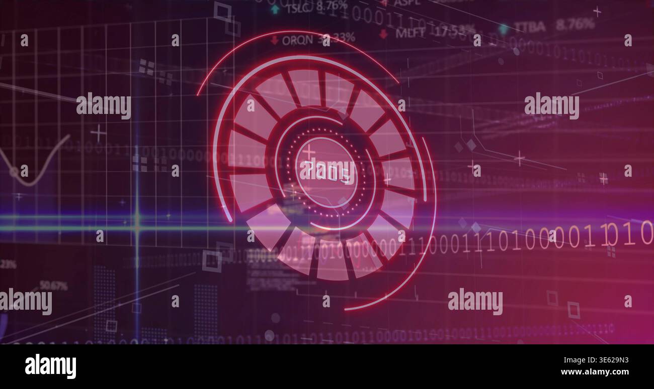 Displaying central radial gauge reading 7005 on control screen, with binary stream and graph Stock Photo
