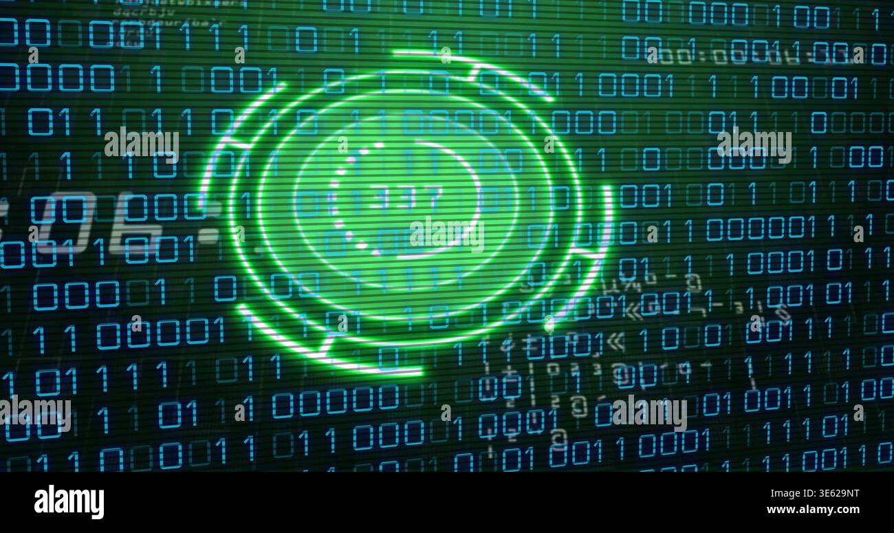 Displaying neon-green HUD rotating on screen over binary digits with glowing core and scan lines Stock Photo