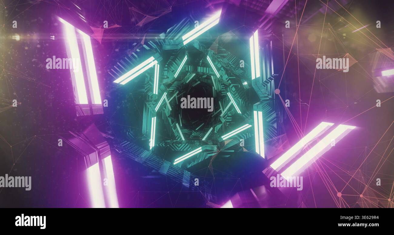 Glowing hexagonal tunnel vortex pulling toward dark void in sci-fi corridor, with cyan magenta bars Stock Photo