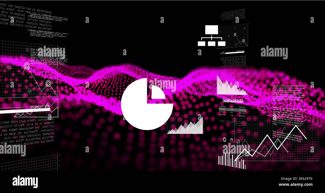 Displaying central white pie-chart icon hovering in virtual 3D data dashboard, with magenta wave Stock Photo