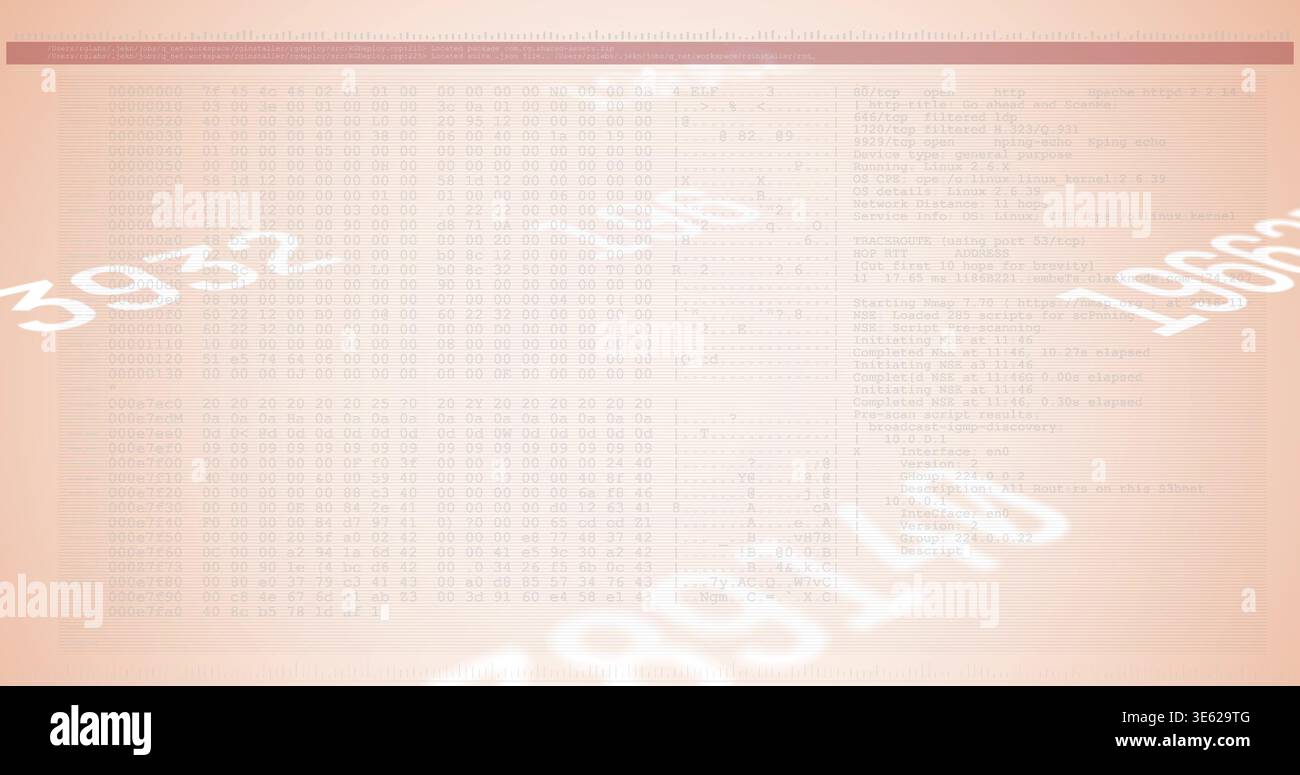 Displaying central soft data panel on peach workspace, showing hex grid, code, numerals, maroon bar Stock Photo