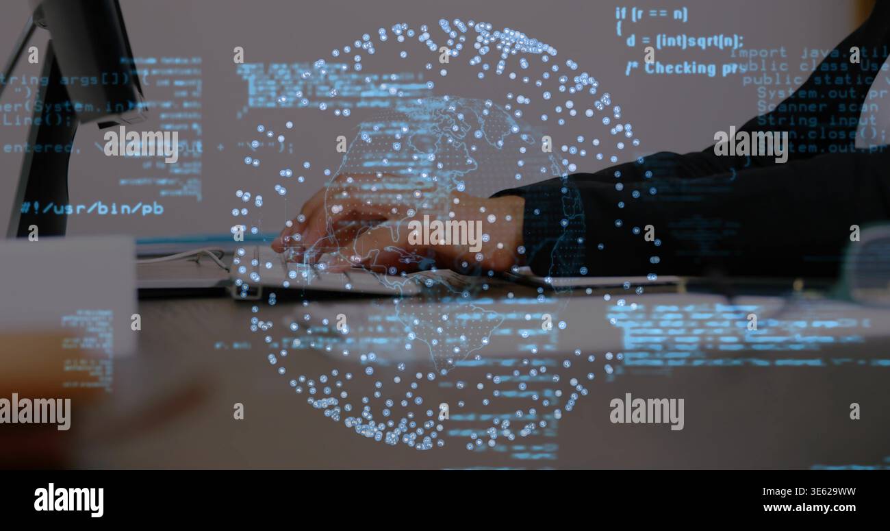 Typing female hands wearing dark sleeves pressing keys on laptop at office, showing globe overlay Stock Photo