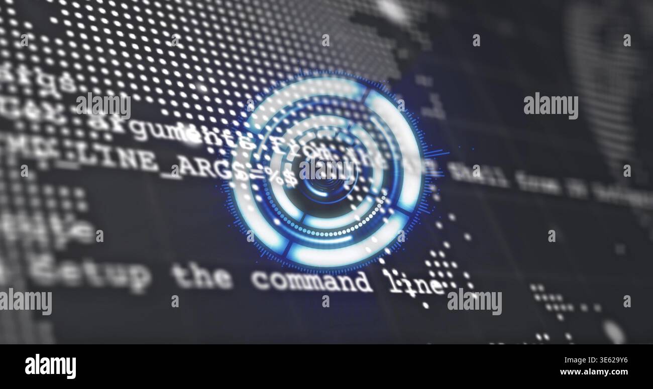 Displaying futuristic blue circular HUD graphic on computer display, with monospaced code lines Stock Photo