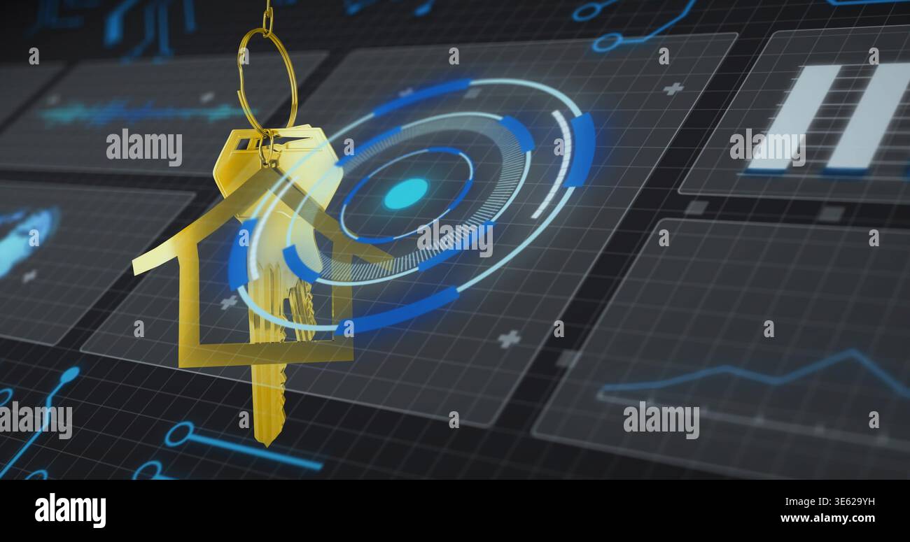 Appearing hologram scanning gold house keychain and brass key over dark grid, verifying access Stock Photo