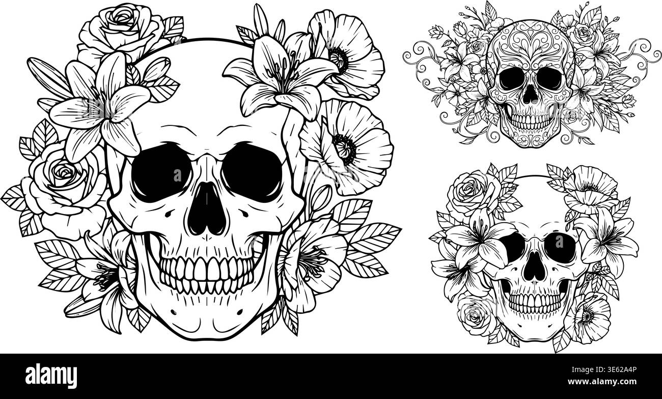 Skull flowers engraving Black and White Stock Photos & Images - Alamy