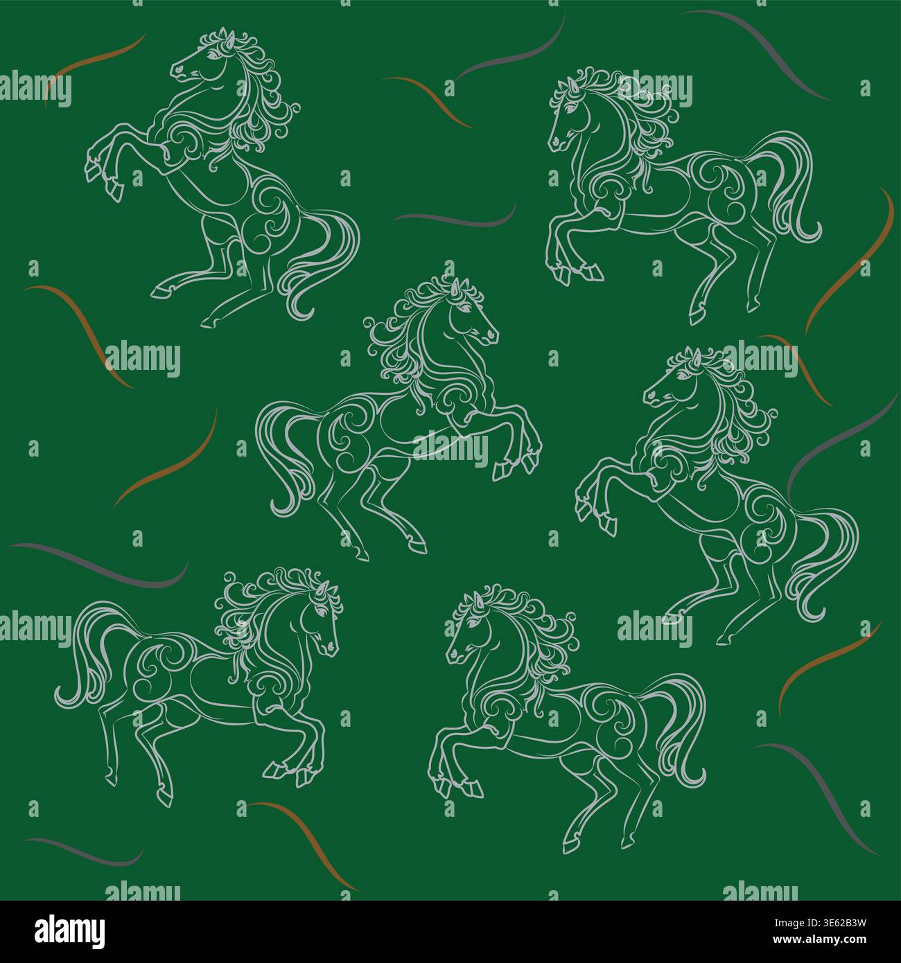 Elegant fine line silver horse seamless pattern on green  background inspired by Cheltenham Stock Vector