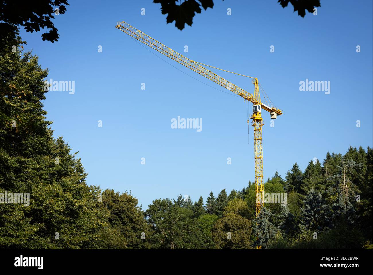 Yellow construction crane rising above green trees under a clear blue sky, showing infrastructure development in a natural forested environment. Stock Photo