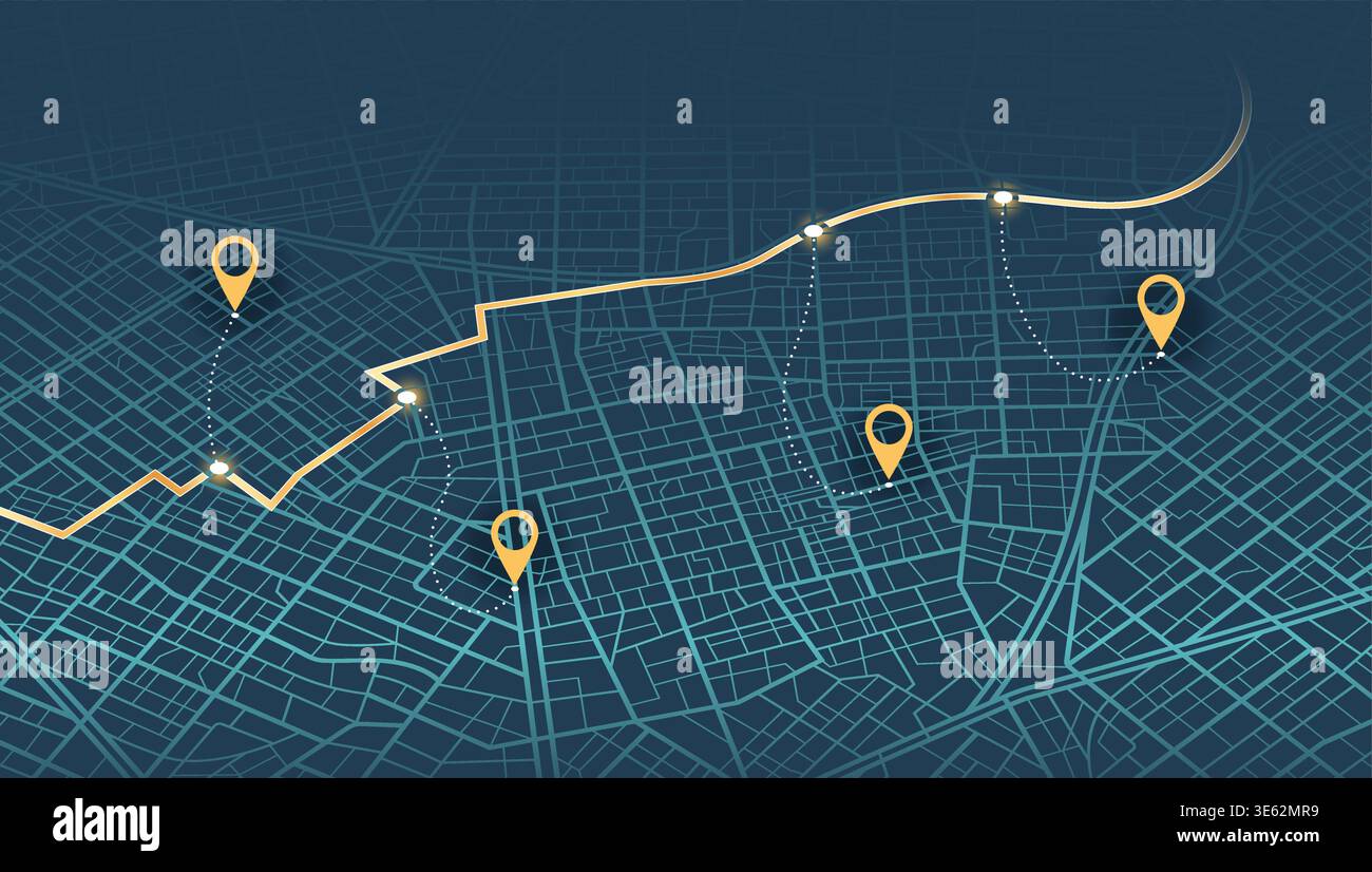 3D isometric city map with navigation route and location pins. Dark ...