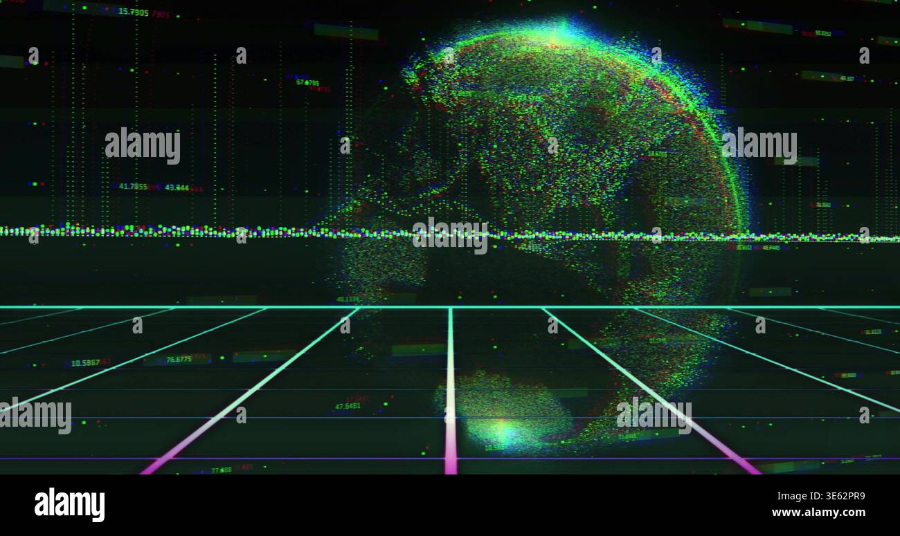 Rising particle globe hovering over neon grid floor, showing waveform and data bars, glitching Stock Photo