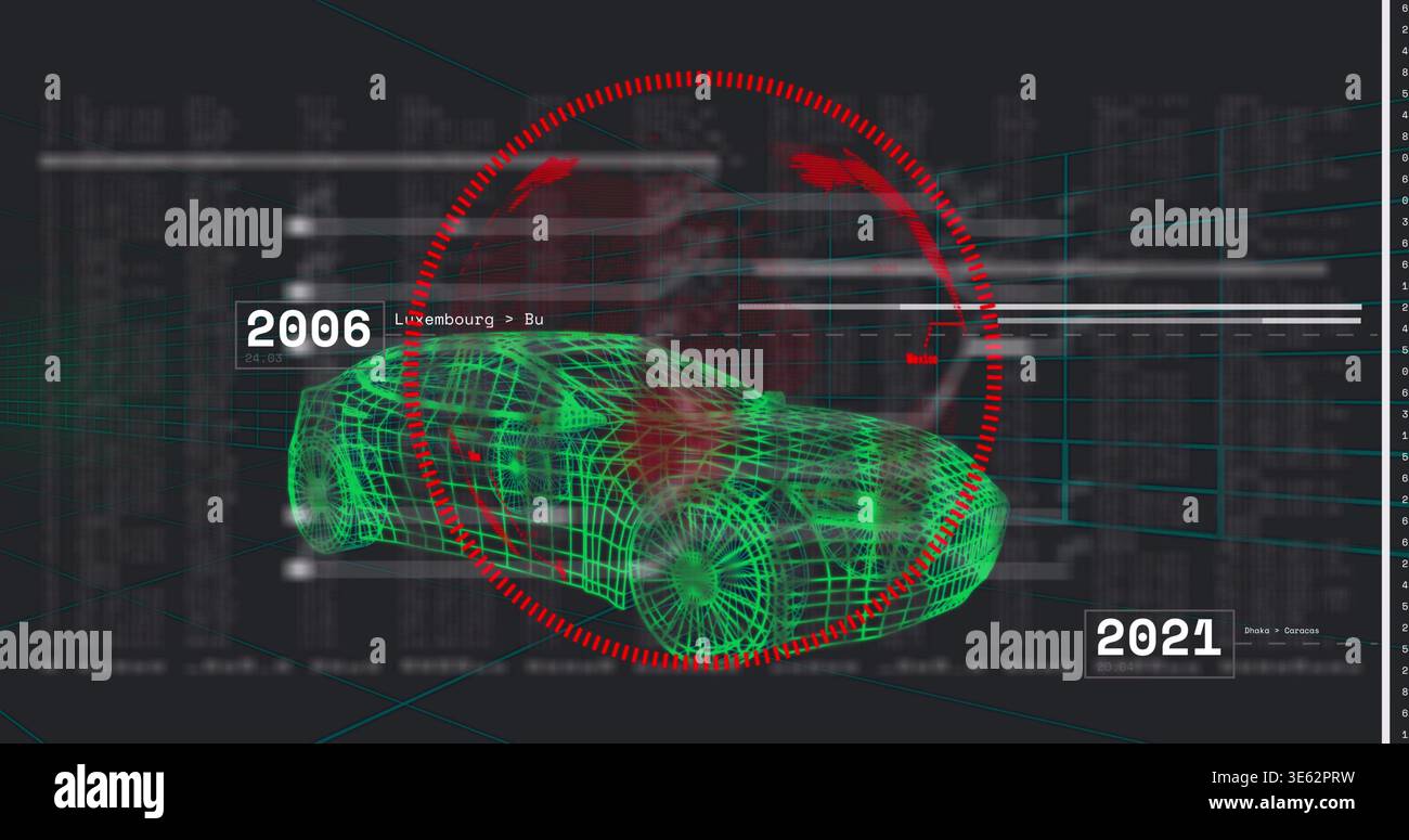 Displaying green wireframe car model rotating in 3D workspace, showing red HUD reticle, 2006 or 2021 Stock Photo