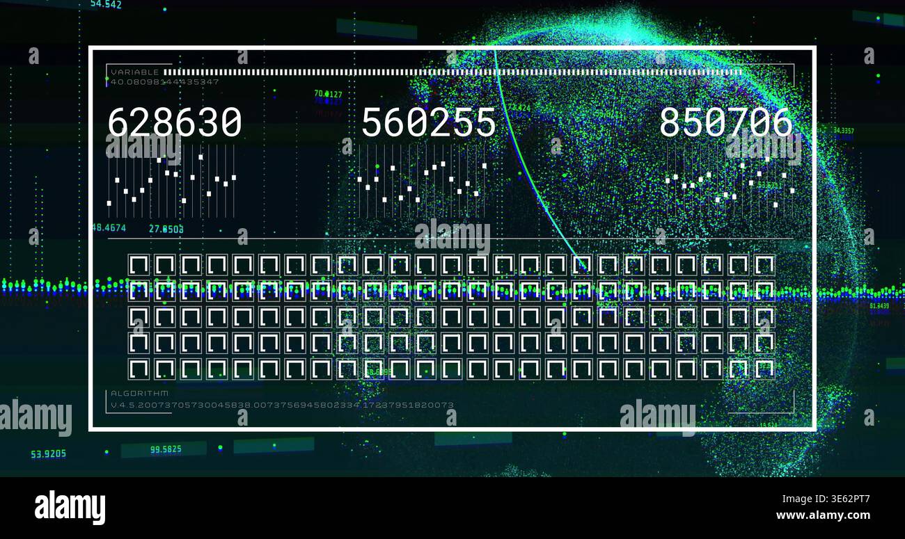 Showing white frame displaying three numbers, grid, waveform on digital UI, with particle globe Stock Photo