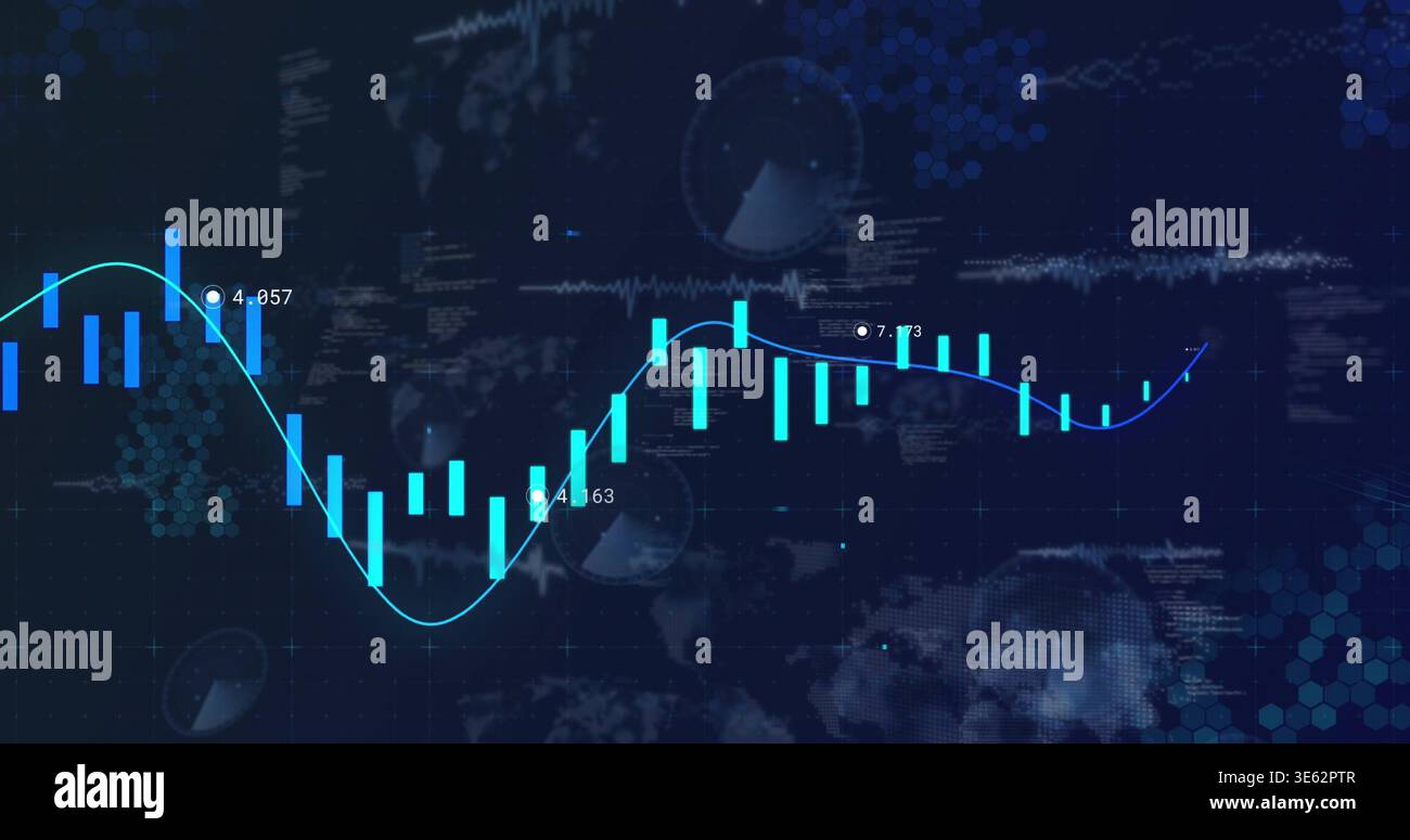 Displaying cyan candlesticks and neon trend line moving across trading ...