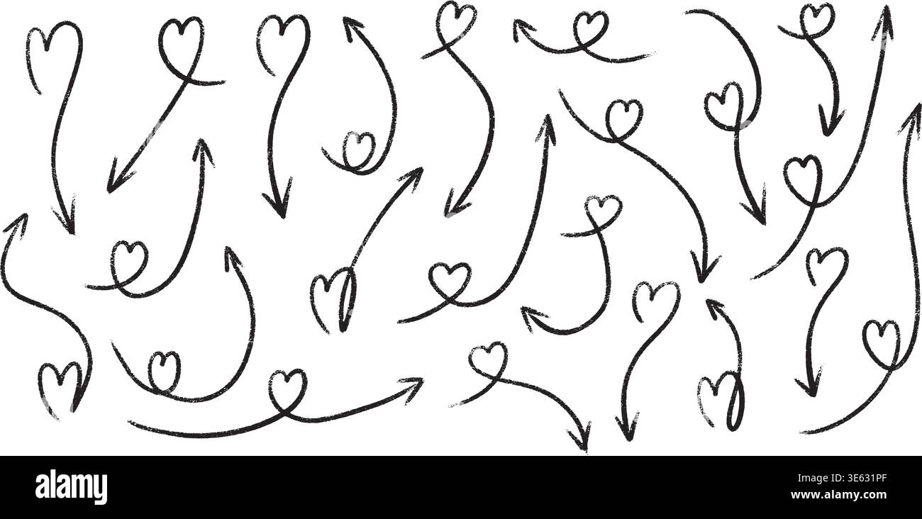 Crayon arrow and heart doodle set with marker strokes. Hand drawn pointer elements Stock Vector