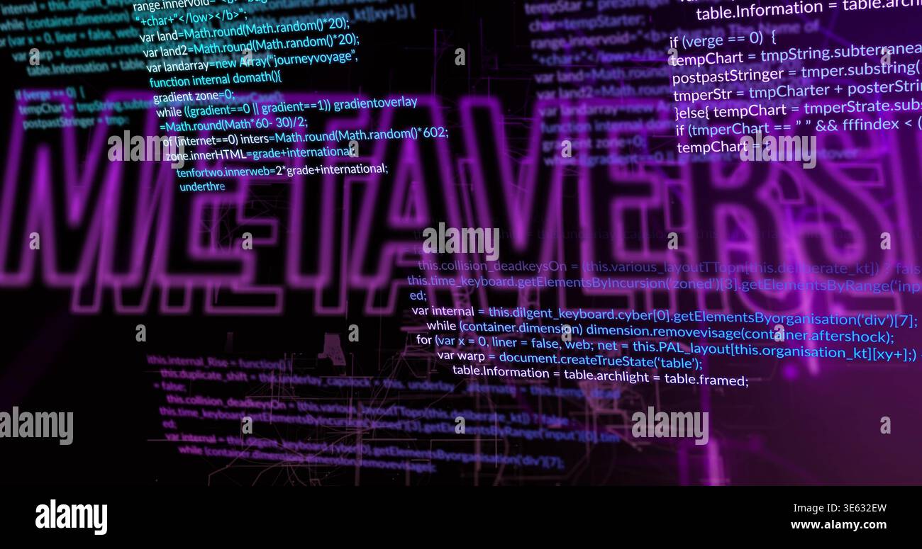 Glowing META text filling virtual interface, showing JS code, wireframe grid, glowing nodes Stock Photo