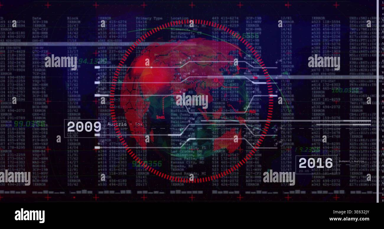 Displaying stylized red globe with segmented ring and lines on dark dashboard, showing 2009 2016 Stock Photo