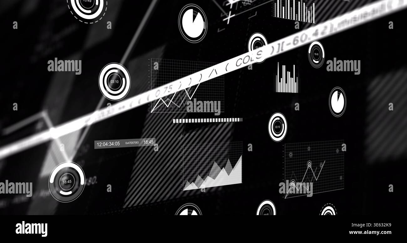 Displaying floating HUD elements in futuristic interface, showing diagonal code strip and gauges Stock Photo
