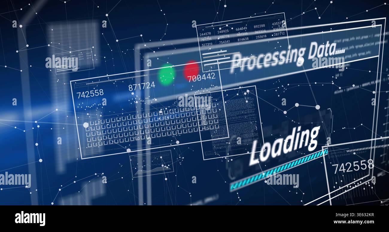 Rendering translucent HUD floating in virtual UI, showing loading bar and network graph, copy space Stock Photo