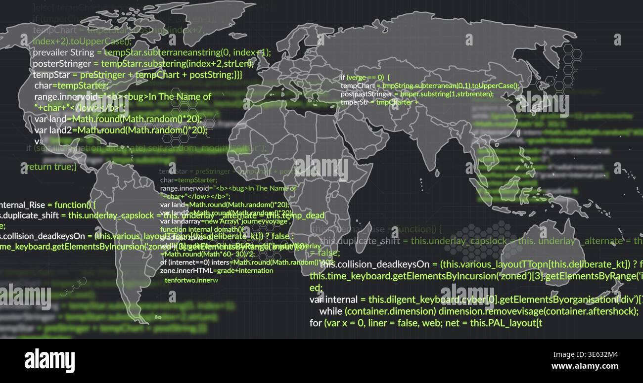 Displaying gray world map showing code snippets and green streaks on dashboard, blurred right panel Stock Photo