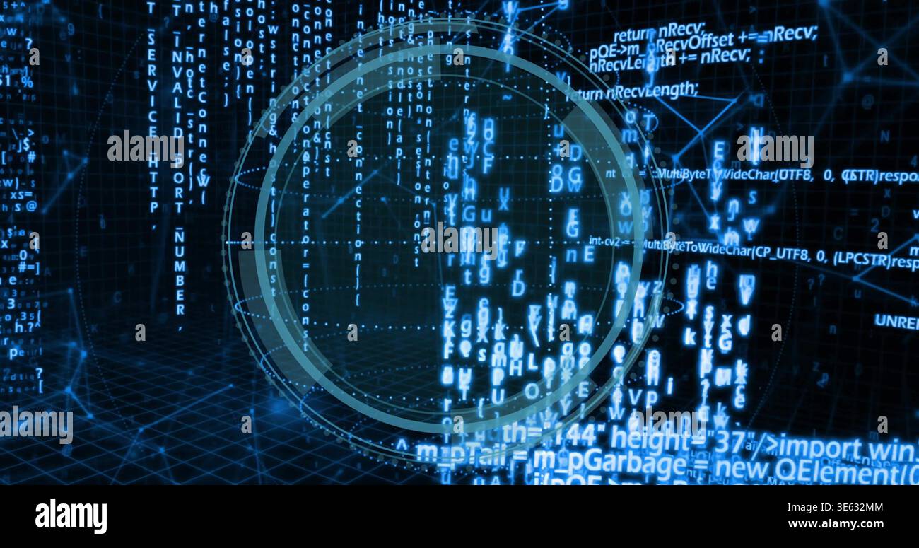 Displaying central circular HUD overlay pulsing in virtual space, with cascading code and grid Stock Photo
