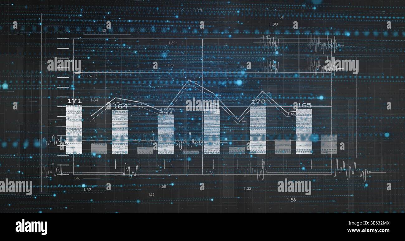 Displaying central analytics dashboard showing bars and line chart on dark screen, with labels Stock Photo