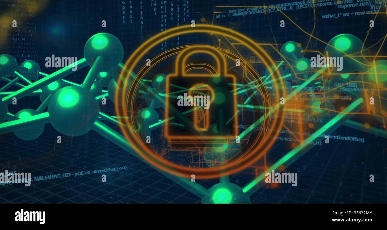 Highlighting orange padlock icon hovering over virtual grid, revealing neon nodes and floating code Stock Photo
