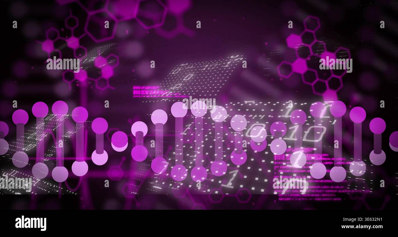 Glowing stylized DNA-like helix streaming across virtual data hub, with binary digits and hexagons Stock Photo