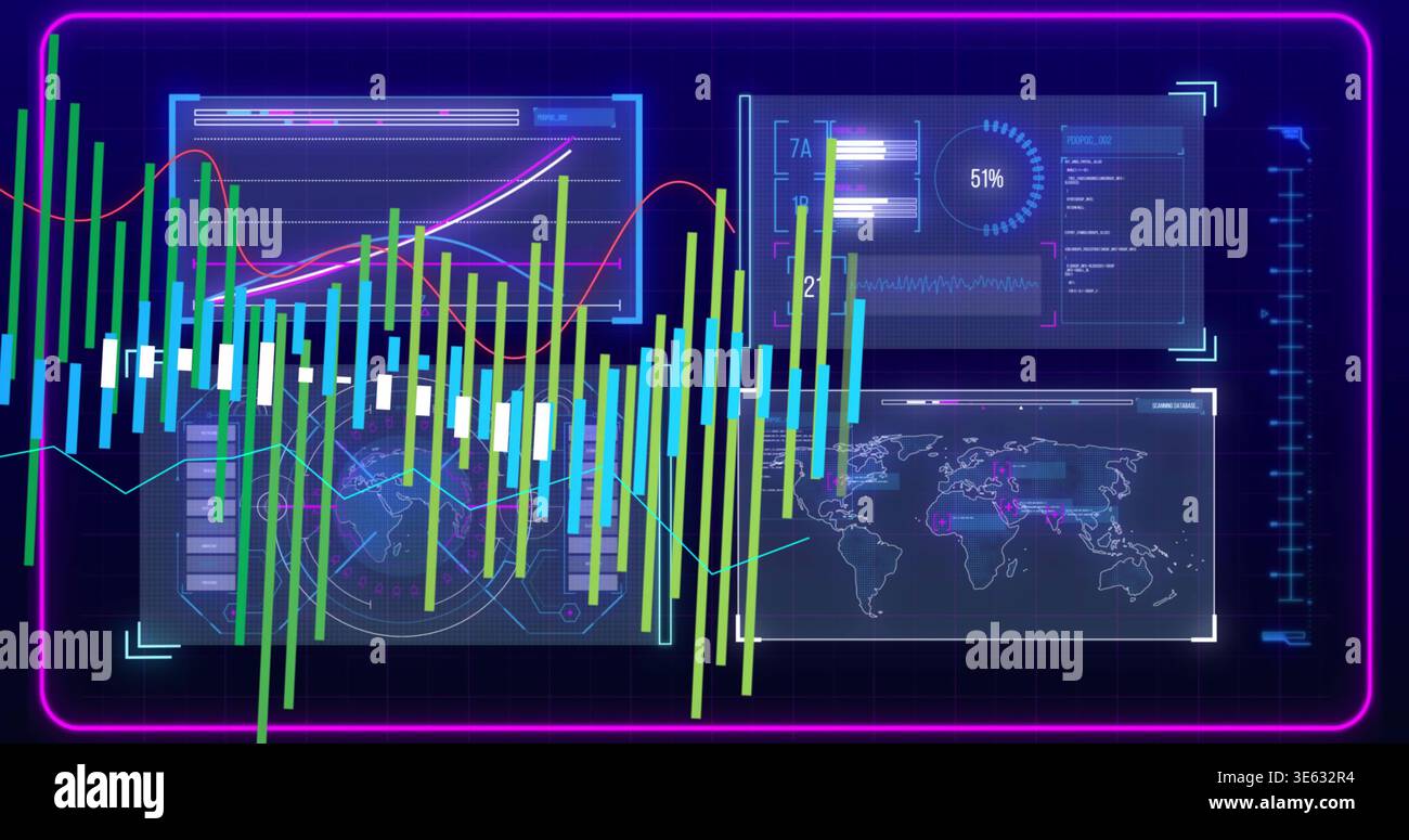 Displaying interactive analytics HUD centered on dark grid, showing vertical bars and 51% gauge Stock Photo