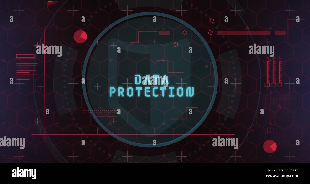 Displaying central shield emblem glowing cyan DATA PROTECTION in security dashboard, with hex grid Stock Photo