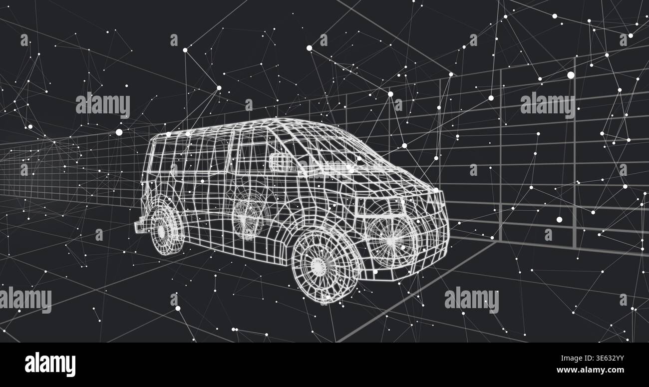 Displaying white wireframe passenger van sitting in virtual 3D space, with grid plane Stock Photo