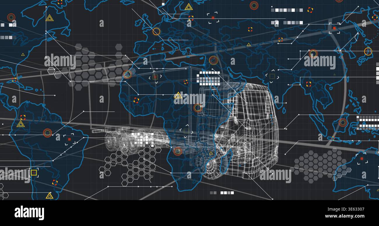 Displaying wireframe tractor-trailer moving over global dashboard map, showing nodes, hex clusters Stock Photo