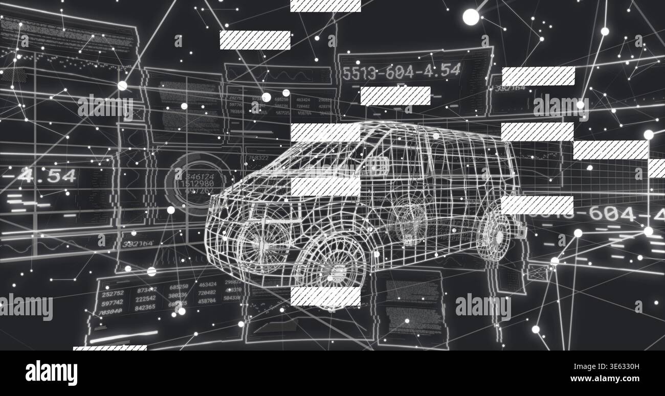 System command initiating digital twin scan, wireframe SUV rotating, highlighting data panels Stock Photo