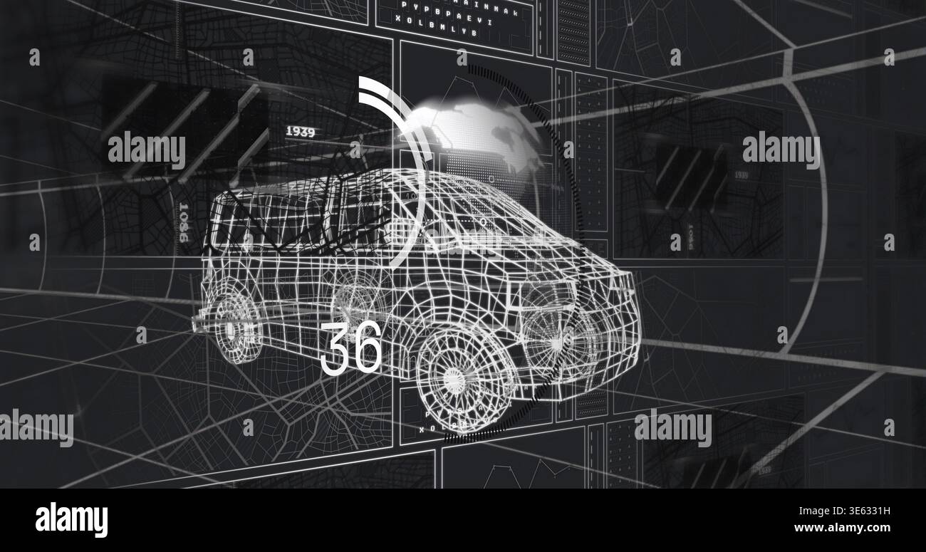 Rotating wireframe van upon system starting scan in AR workspace showing numeric 36 and radial arcs Stock Photo
