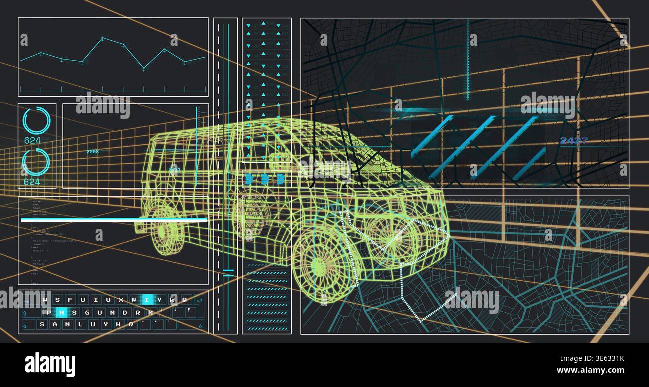 Rendering 3D wireframe van model rotating in virtual dashboard, with HUD panels and tiled map Stock Photo
