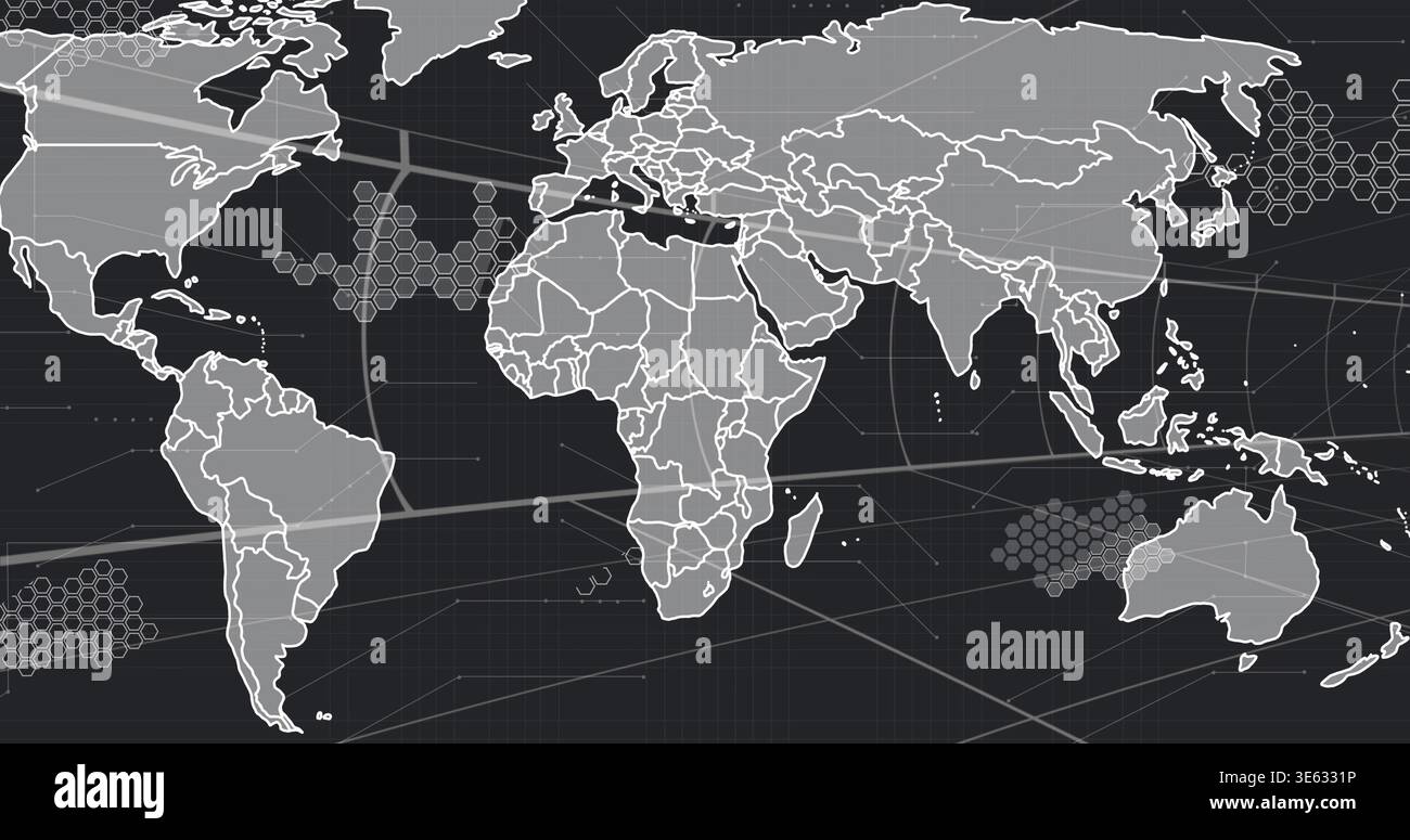 Displaying stylized world map filling frame on dashboard, with hexagonal clusters and gridlines Stock Photo