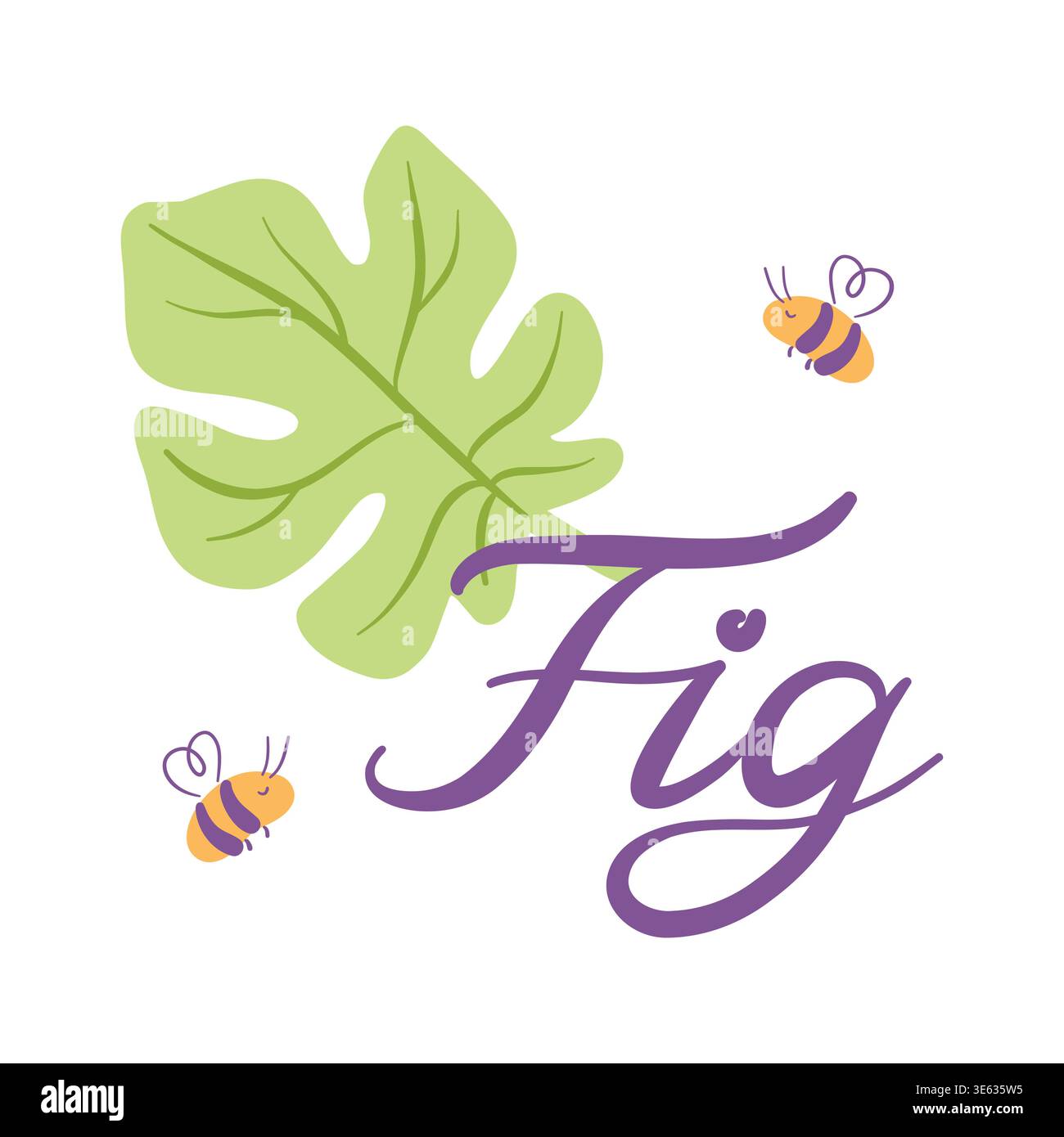 Fig text with leaf and bees vector, organic lettering composition isolated on white Stock Vector