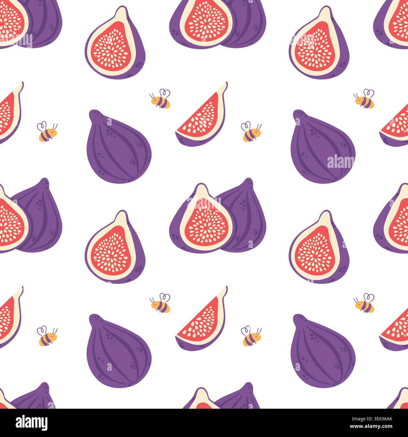 Fig seamless pattern with bees, organic fruit background vector Stock Vector