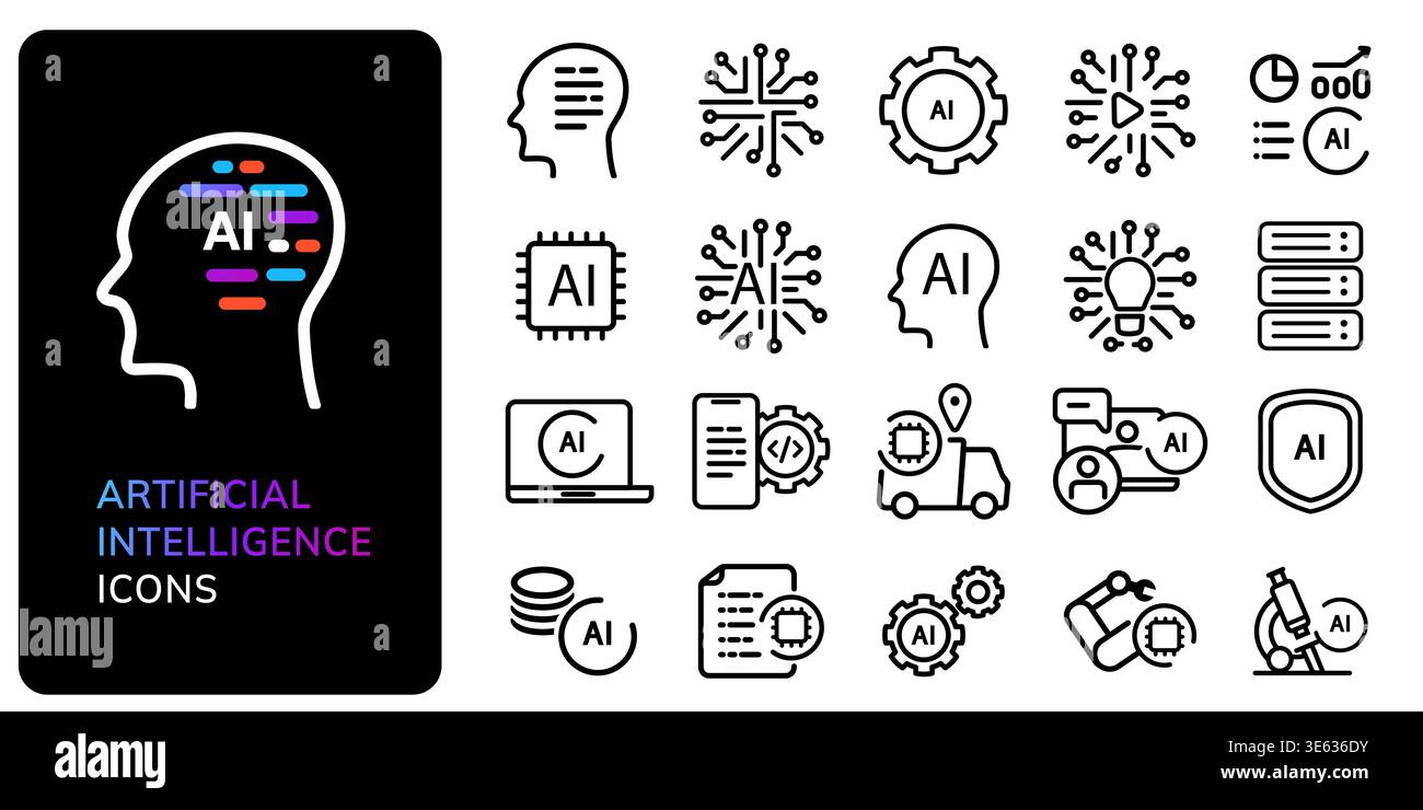 Artificial intelligence line icon set featuring neural networks machine learning robotic process automation data science head circuit boards deep Stock Vector