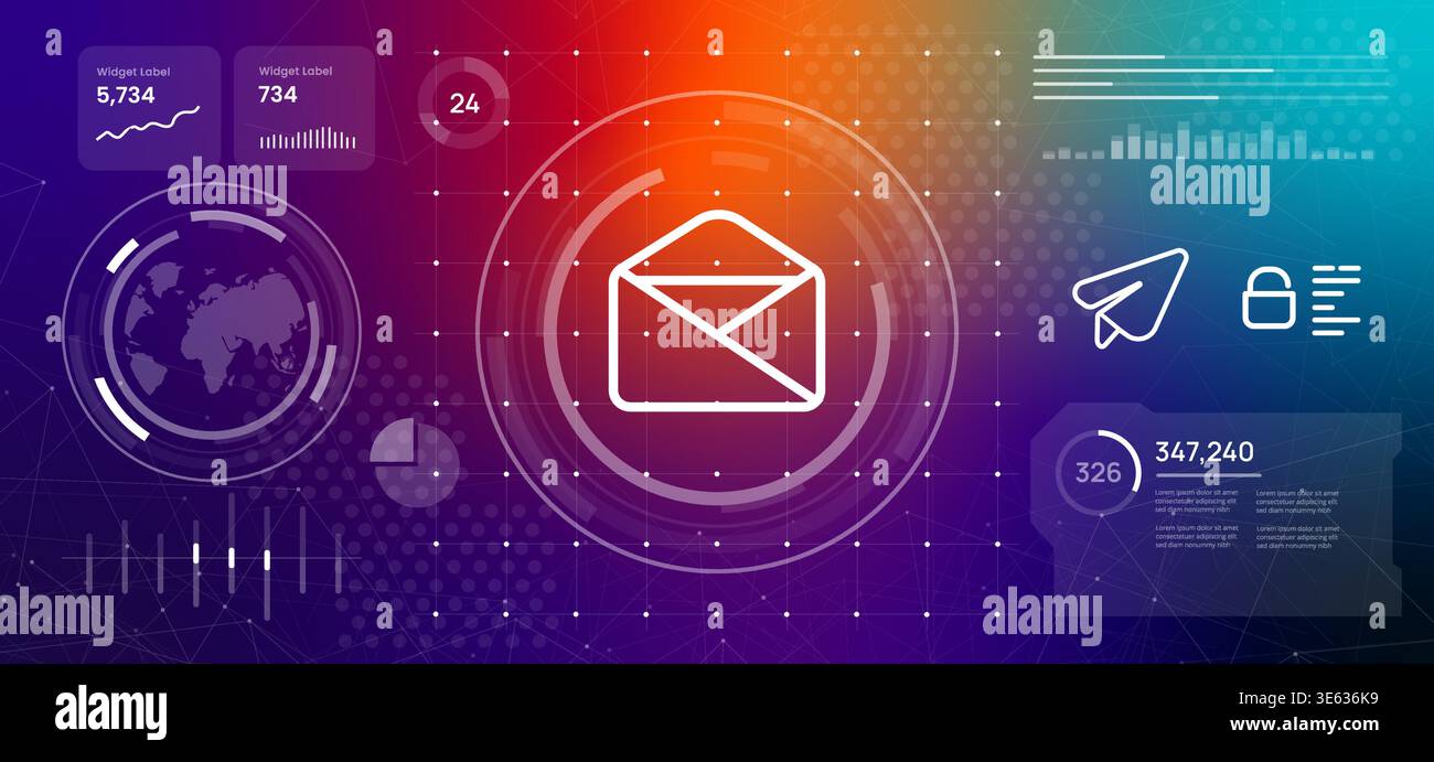 email futuristic digital communication email envelope icon on high tech background featuring data visualization dashboard globes charts and analytics Stock Vector