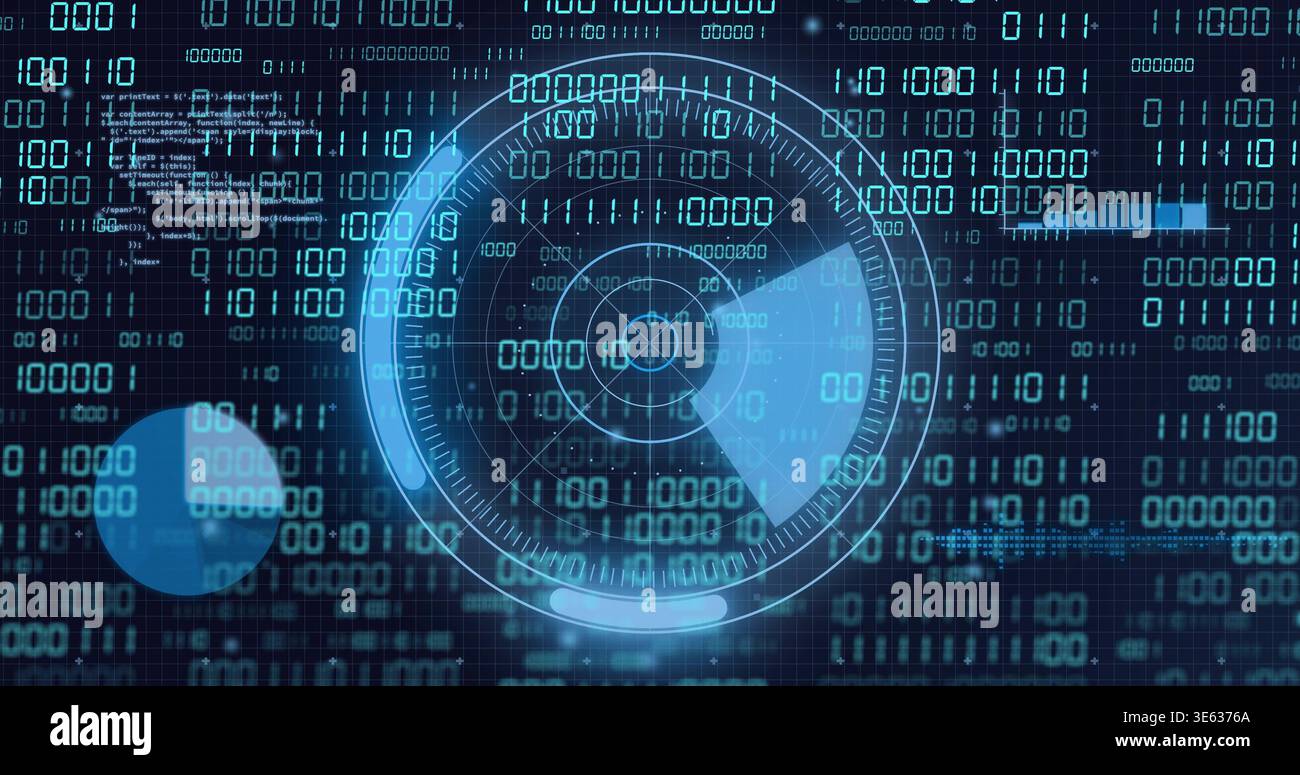 Displaying central radar HUD sweeping over virtual interface, with binary streams, left node Stock Photo