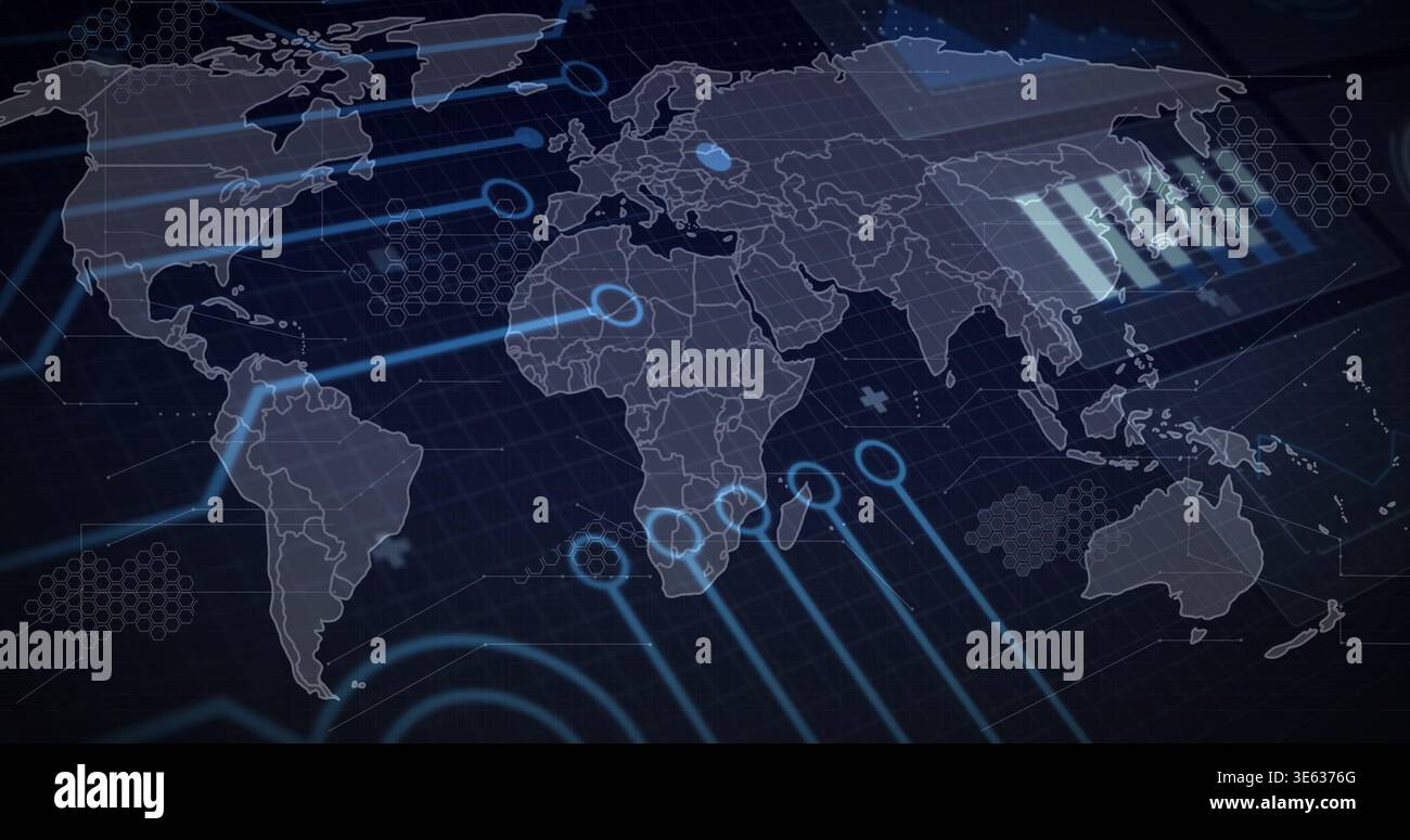 Displaying stylized world map showing glowing nodes, links, hex patterns and bar chart on dashboard Stock Photo