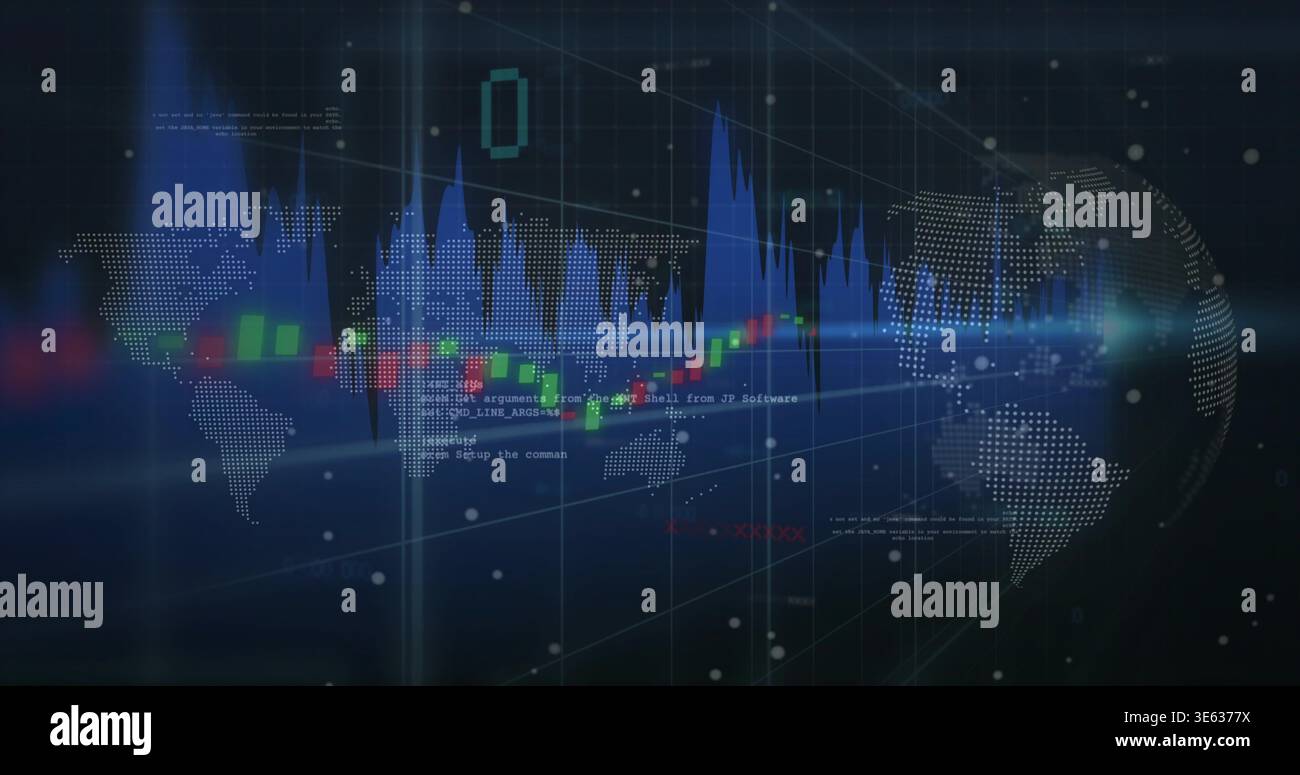 Displaying dotted world map hovering in 3D dashboard, with candlesticks, blue peak chart Stock Photo
